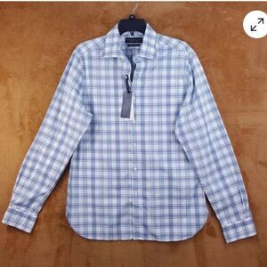 BLOOMINGDALES Mens Shirt Large Blue Plaid Button Up Business Casual Collar  XL